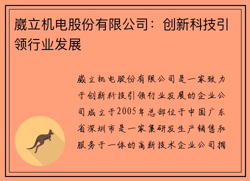 崴立机电股份有限公司：创新科技引领行业发展